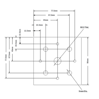32-9090M12S-1 MODULAR SOLUTIONS FOOT & CASTER CONNECTING PLATE<BR>90MM X 90MM, M12 HOLE, SOLID ALUMINUM W/HARDWARE